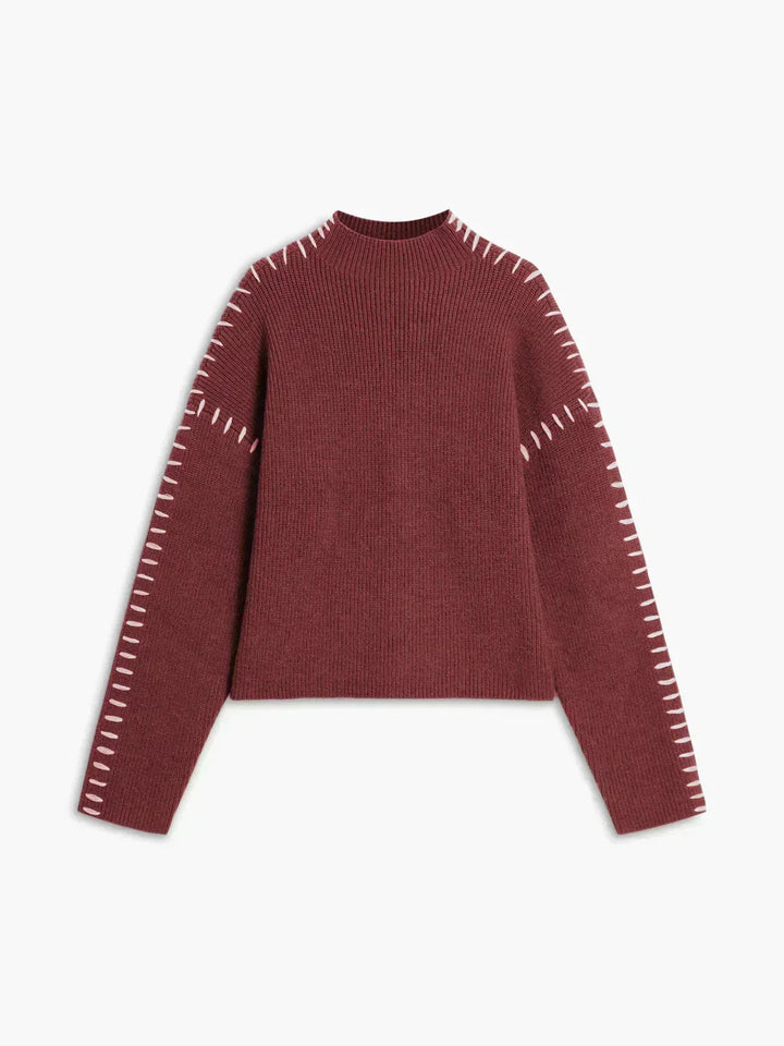 Women's Oversized Mock Neck Sweater with Whipstitch Detail