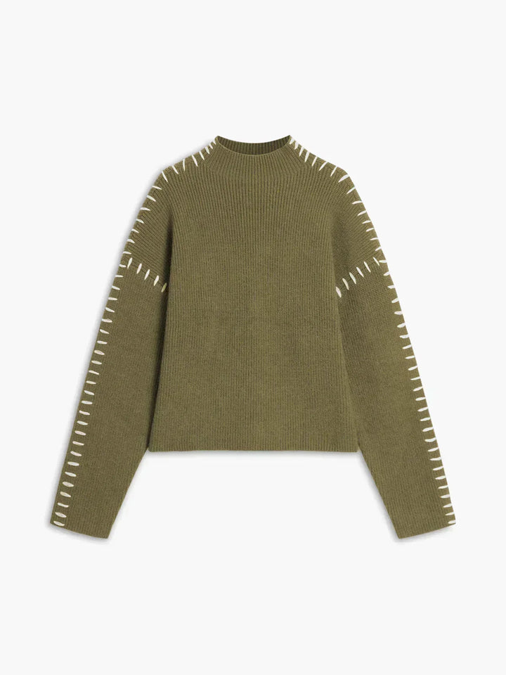 Women's Oversized Mock Neck Sweater with Whipstitch Detail