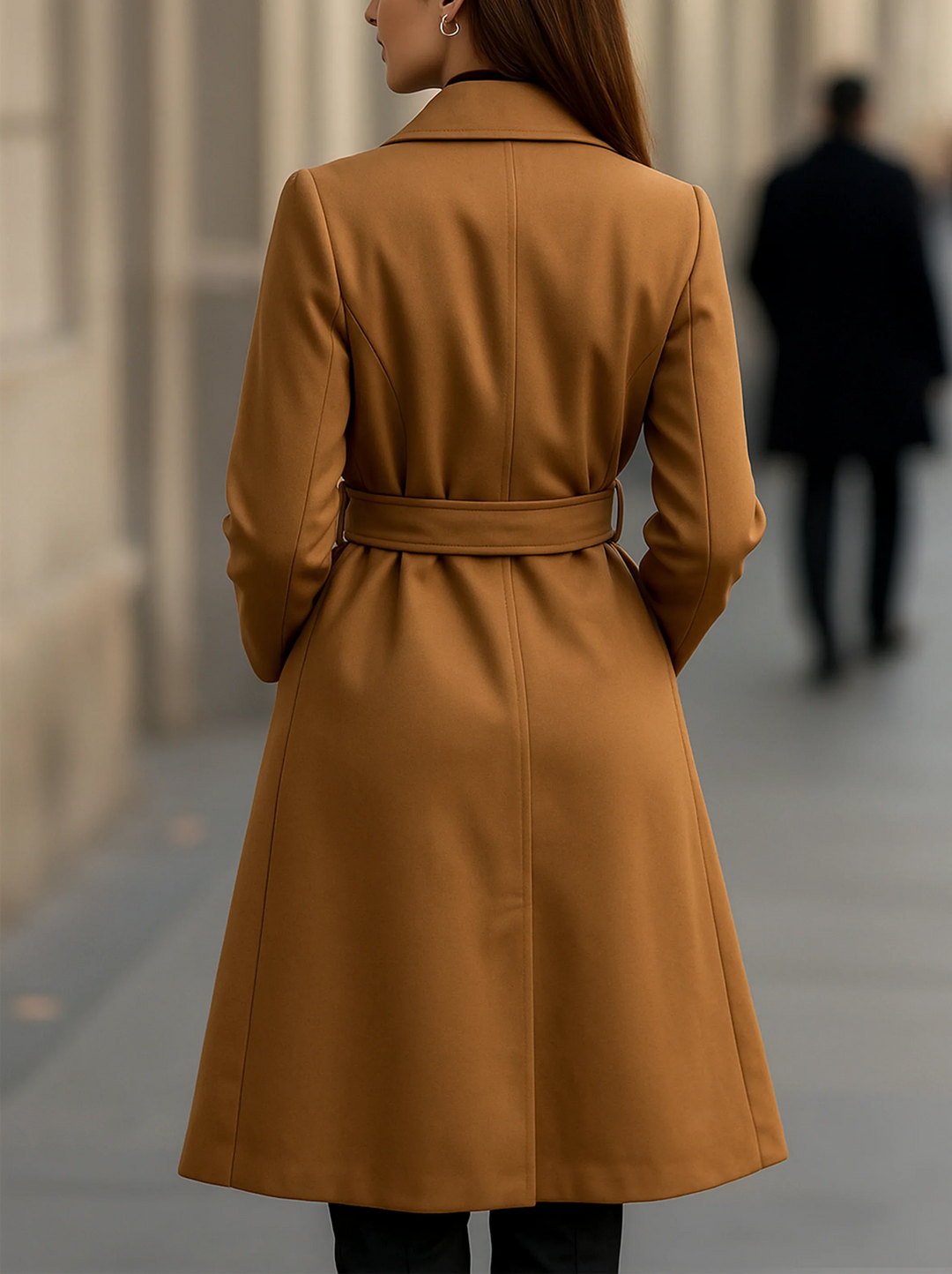 Kamelfärgad dubbelknäppt långärmad trenchcoat med skärp för kvinnor