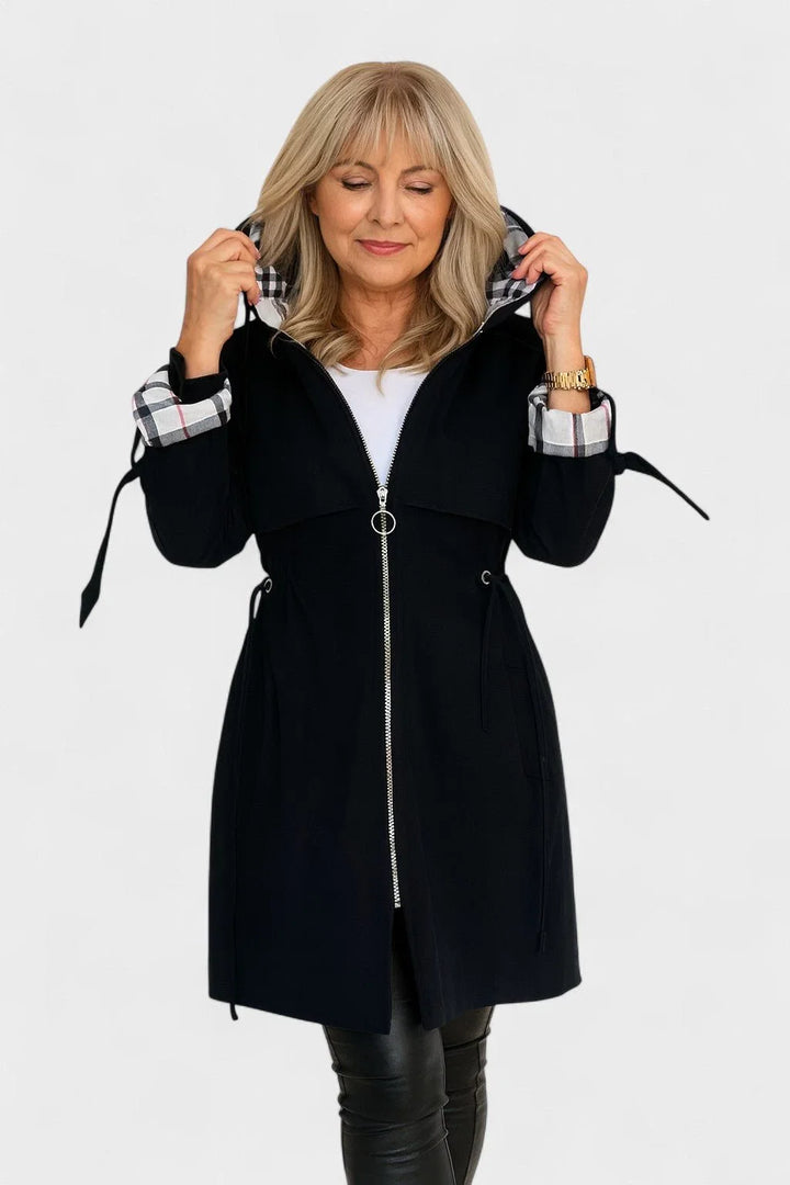 Giacca da donna con cappuccio, impermeabile alle intemperie e fodera scozzese