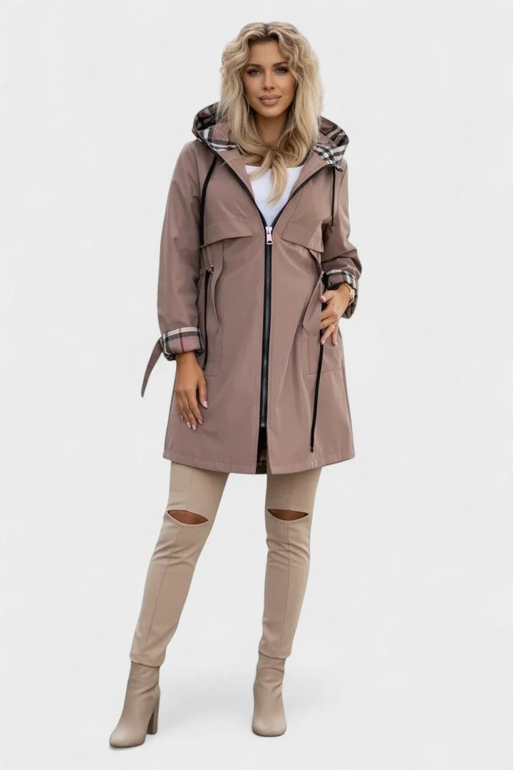Giacca da donna con cappuccio, impermeabile alle intemperie e fodera scozzese