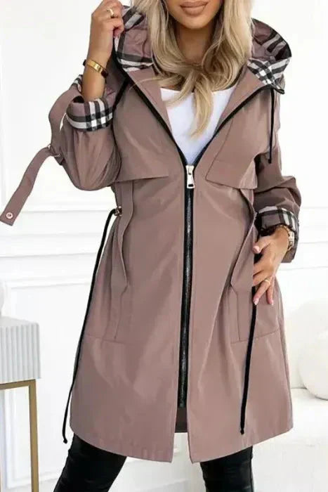 Giacca da donna con cappuccio, impermeabile alle intemperie e fodera scozzese