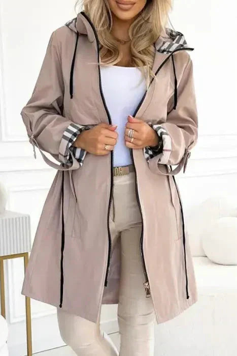 Giacca da donna con cappuccio, impermeabile alle intemperie e fodera scozzese