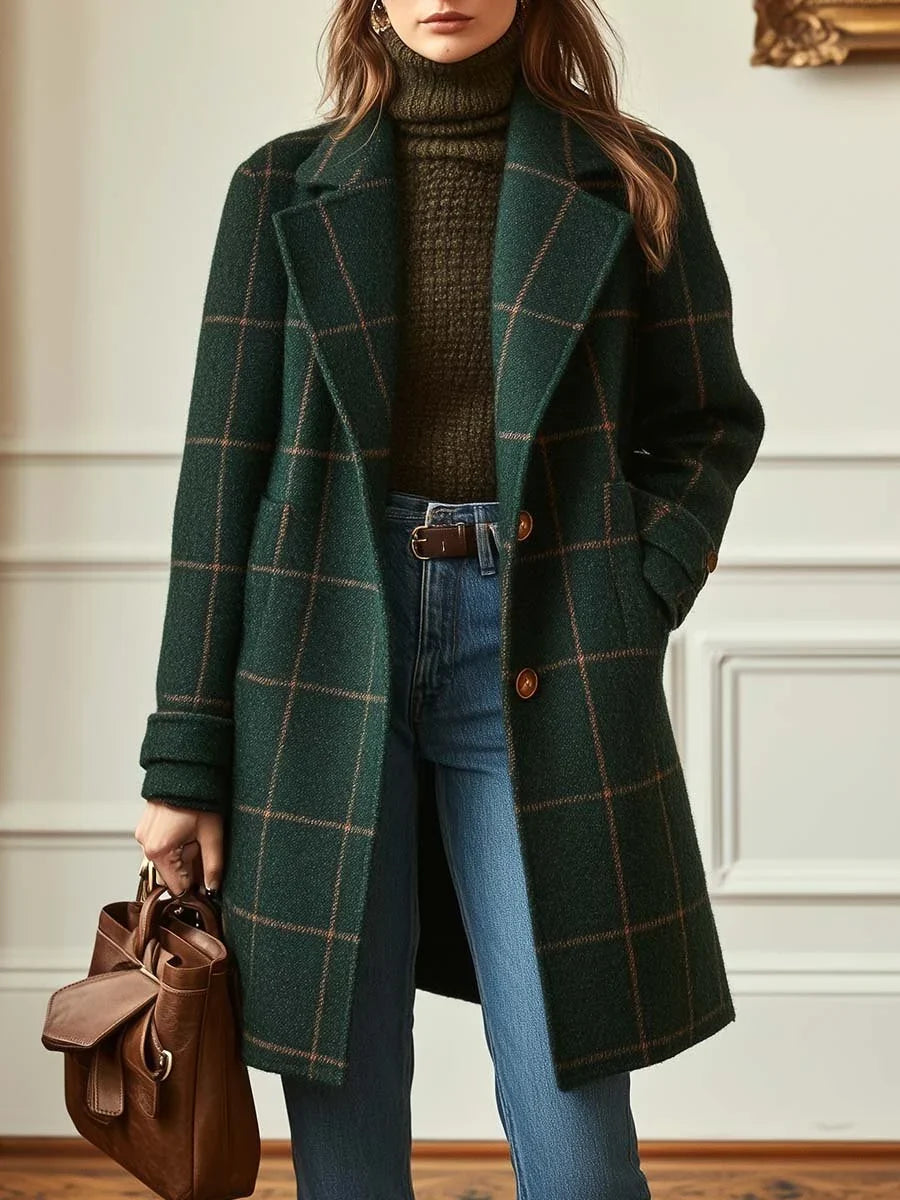 Women's Plaid Wool Coat with Single Button Lapel