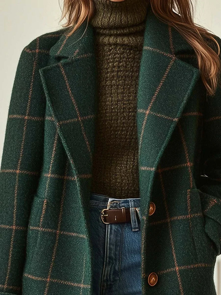 Women's Plaid Wool Coat with Single Button Lapel