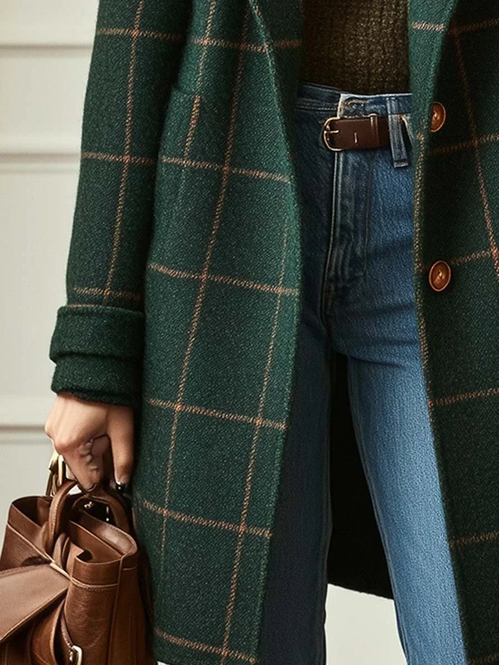 Women's Plaid Wool Coat with Single Button Lapel