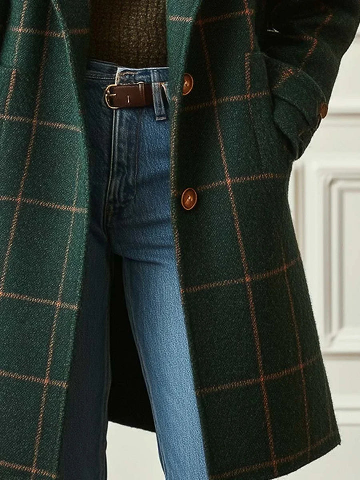 Women's Plaid Wool Coat with Single Button Lapel