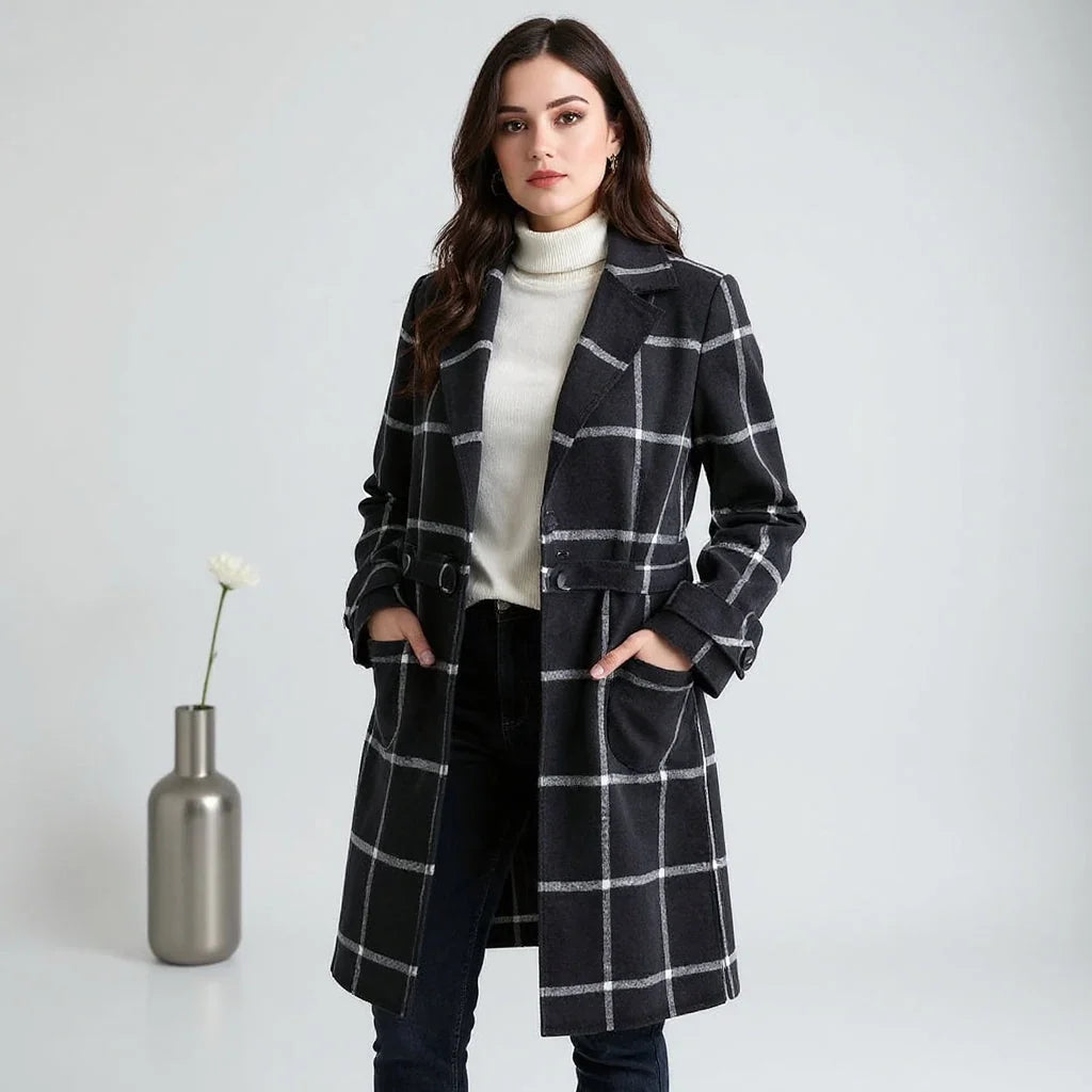 Women's Plaid Wool Coat with Single Button Lapel