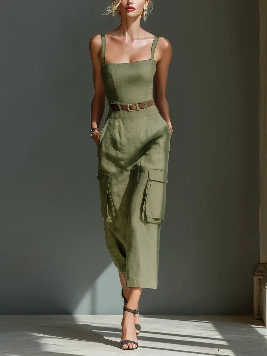 Ella | Vestido midi de lino con cinturón y bolsillos para mujer