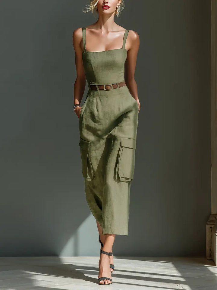 Ella | Vestido midi de lino con cinturón y bolsillos para mujer