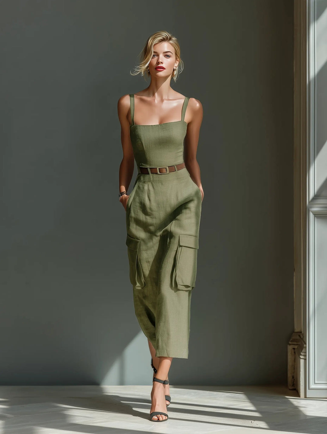 Ella | Vestido midi de lino con cinturón y bolsillos para mujer