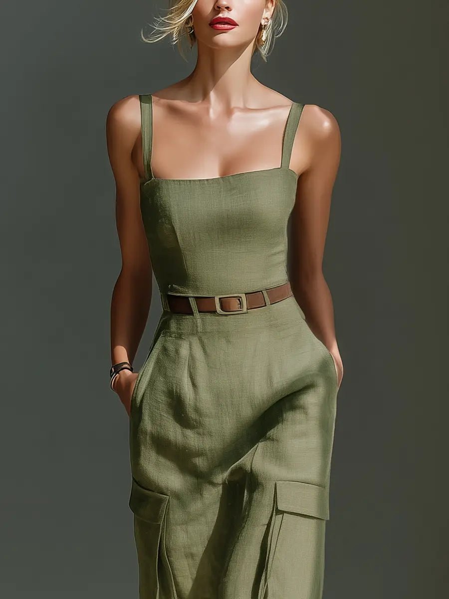 Ella | Vestido midi de lino con cinturón y bolsillos para mujer