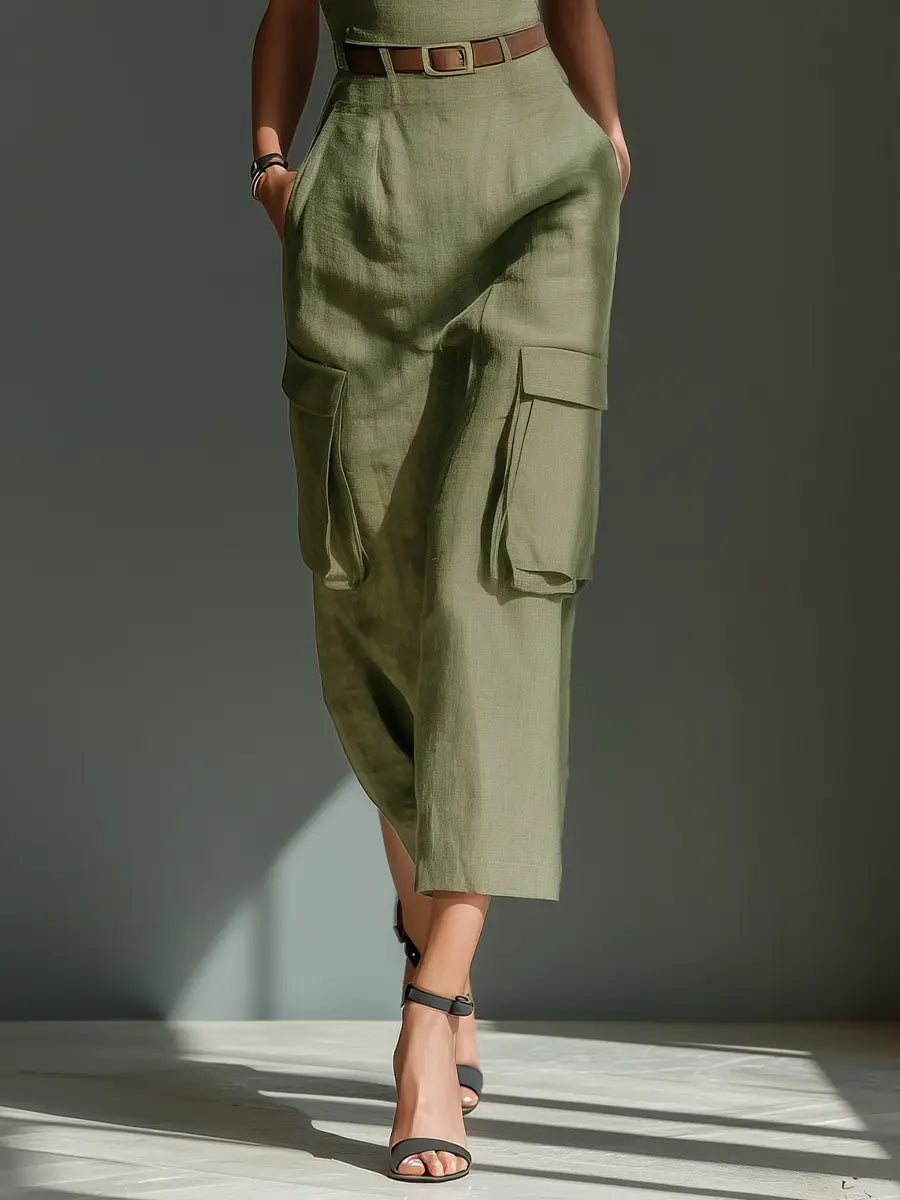 Ella | Vestido midi de lino con cinturón y bolsillos para mujer