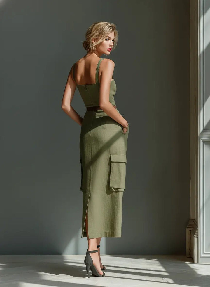 Ella | Vestido midi de lino con cinturón y bolsillos para mujer