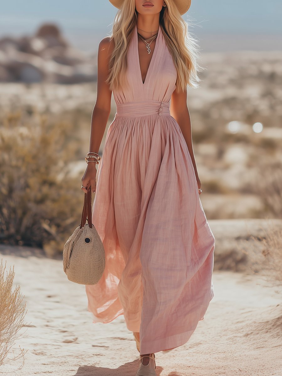 Phoebe | Kvinders Boheme Bomuld-Linned Halter Maxi Kjole