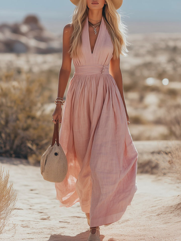Phoebe | Kvinders Boheme Bomuld-Linned Halter Maxi Kjole