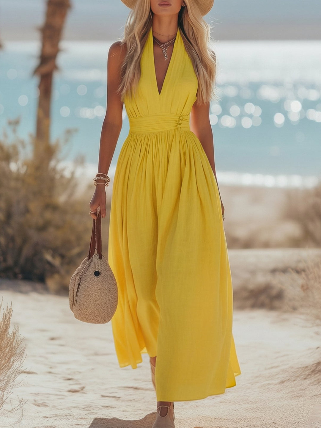 Phoebe | Kvinders Boheme Bomuld-Linned Halter Maxi Kjole