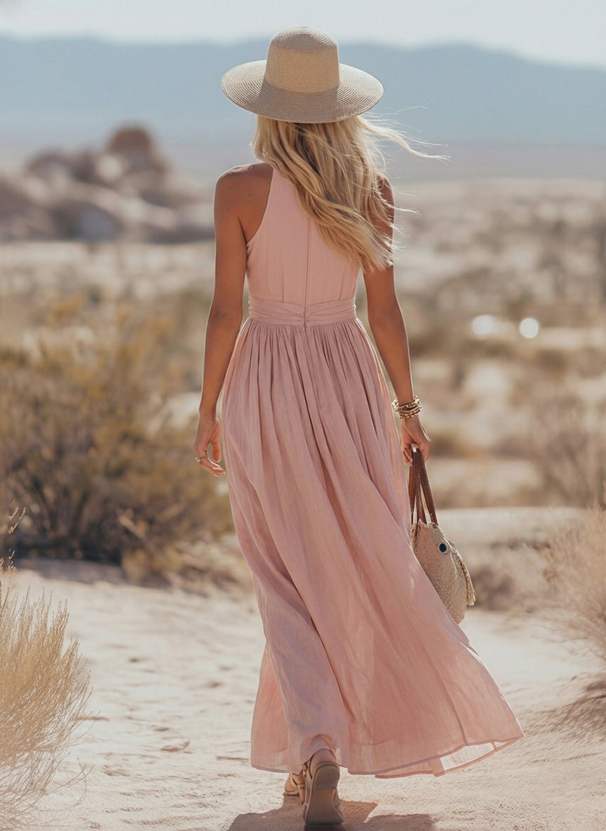 Phoebe | Kvinders Boheme Bomuld-Linned Halter Maxi Kjole
