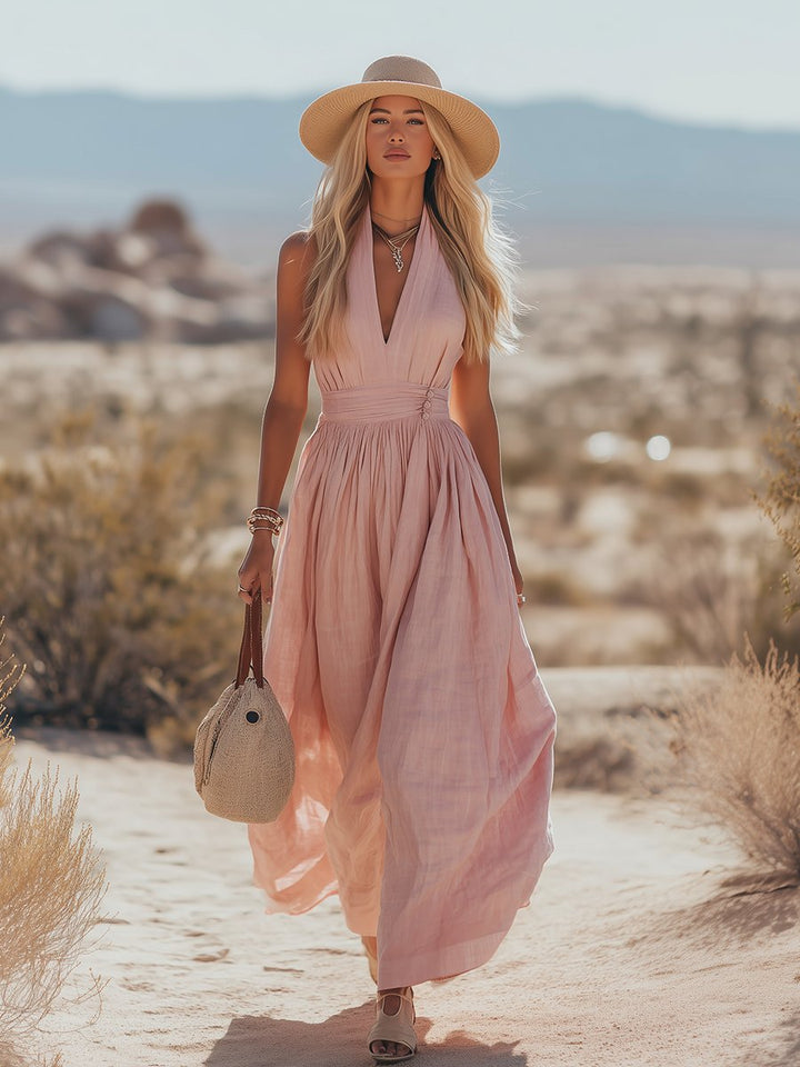 Phoebe | Kvinders Boheme Bomuld-Linned Halter Maxi Kjole