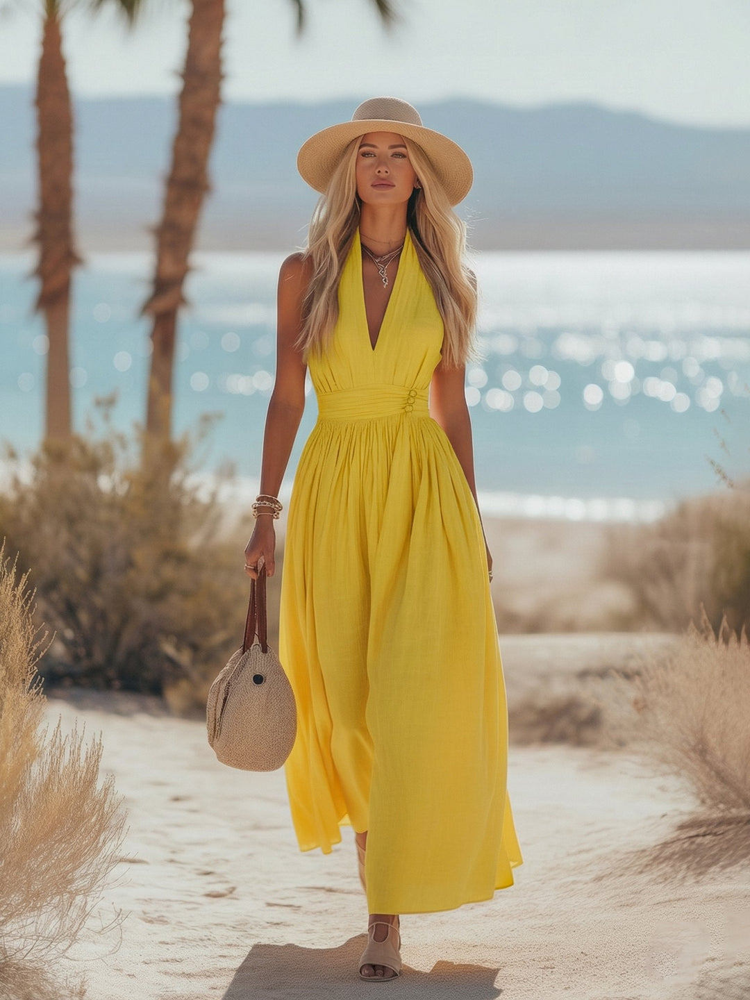 Phoebe | Kvinders Boheme Bomuld-Linned Halter Maxi Kjole