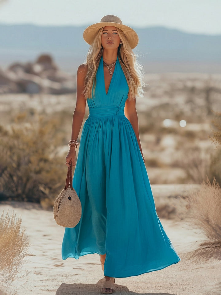 Phoebe | Kvinders Boheme Bomuld-Linned Halter Maxi Kjole