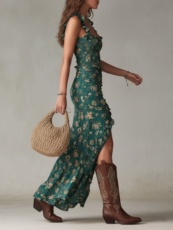 Isla | Kvinders boheme blomsterprint maxi-kjole med rynket sideslids