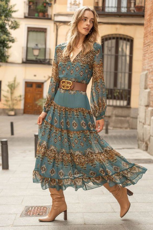 Sophie | Vestido midi de gasa con estampado de medallones bohemios para mujer