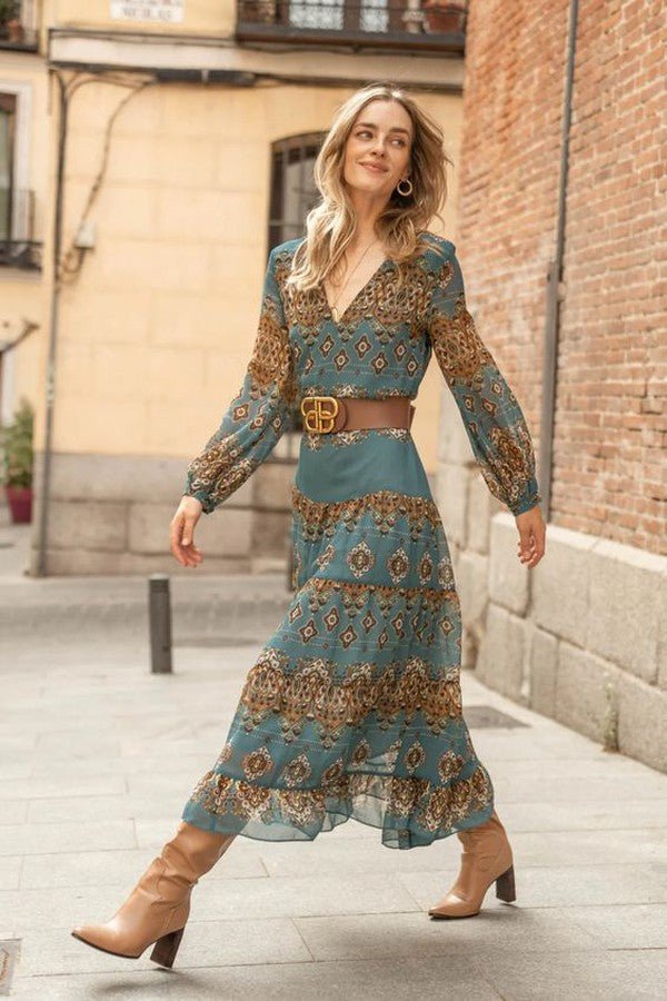 Sophie | Vestido midi de gasa con estampado de medallones bohemios para mujer