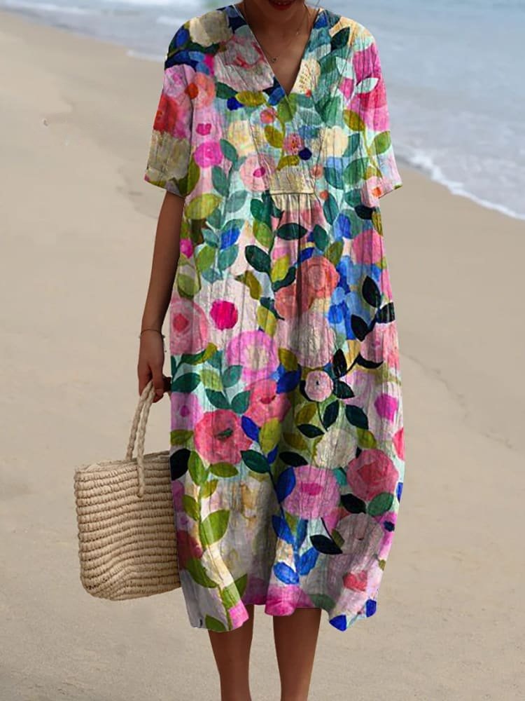 Florence | Damklänning i boho-stil med V-ringning och randigt midilängd