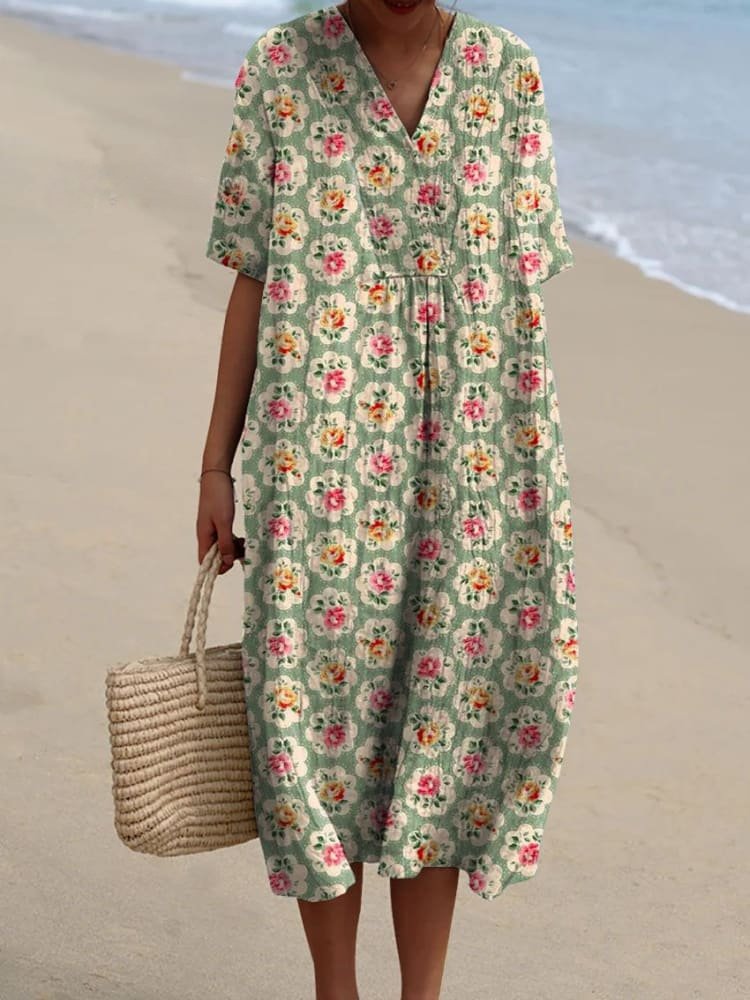 Florence | Damklänning i boho-stil med V-ringning och randigt midilängd