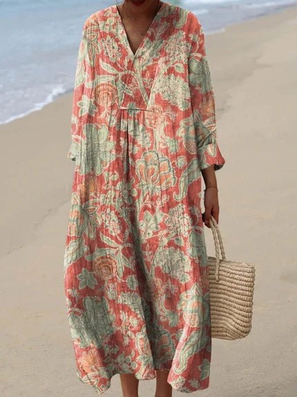Florence | Damklänning i boho-stil med V-ringning och randigt midilängd