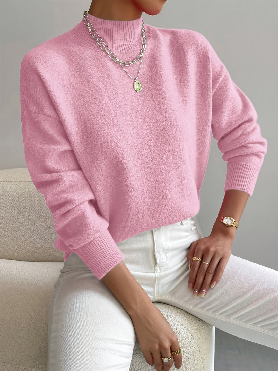 Women's Casual Turtleneck Knit Sweater with Ribbed Trim