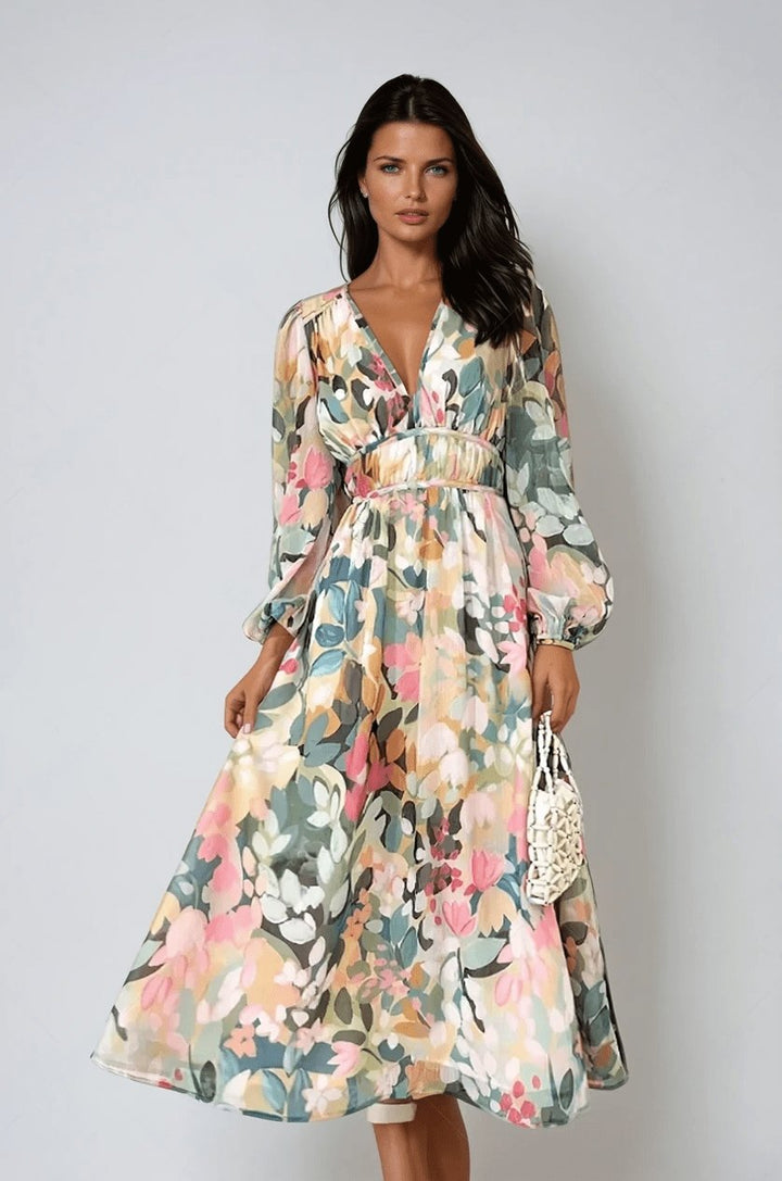 Grace | Kvinders blomstrede chiffon midi-kjole med pufærmer og V-hals