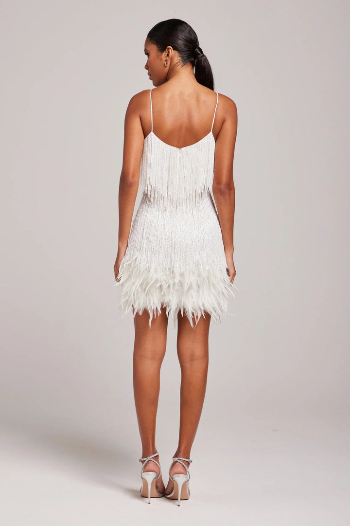 Emily | Vestido corto de cóctel con flecos y plumas para mujer