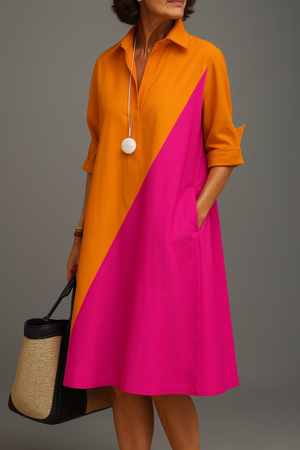 Mia | Vestido midi de algodón para mujer con cuello y bloques de color diagonales