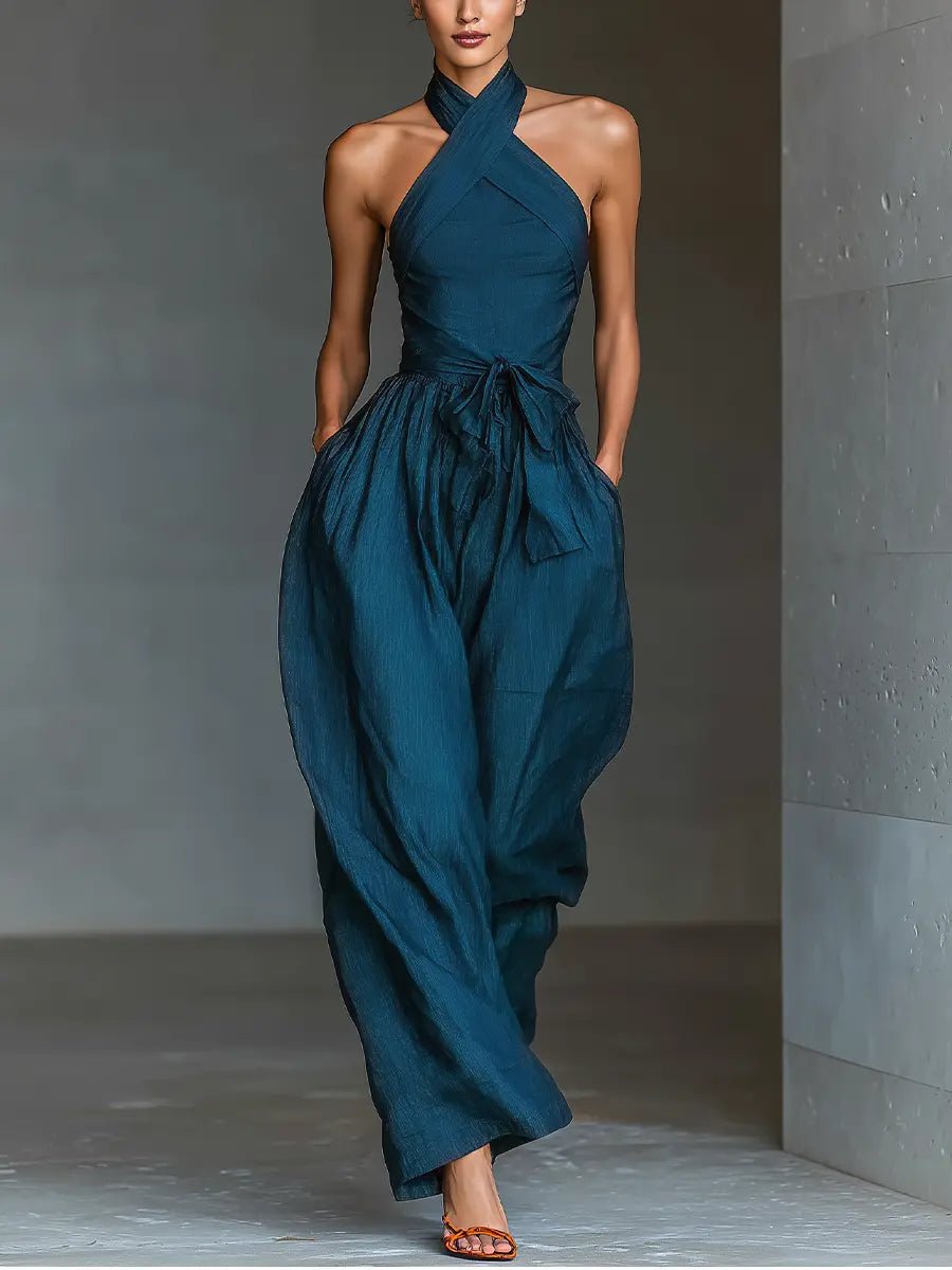 Scarlett | Women's Cross Halter Wide-Leg Linen Jumpsuit