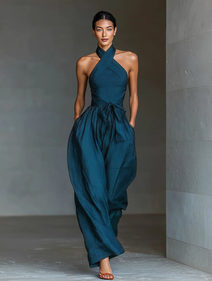 Scarlett | Women's Cross Halter Wide-Leg Linen Jumpsuit