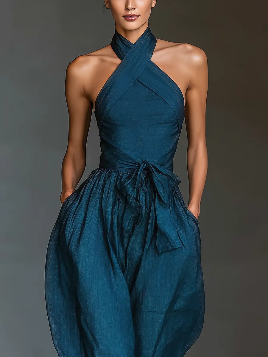 Scarlett | Women's Cross Halter Wide-Leg Linen Jumpsuit