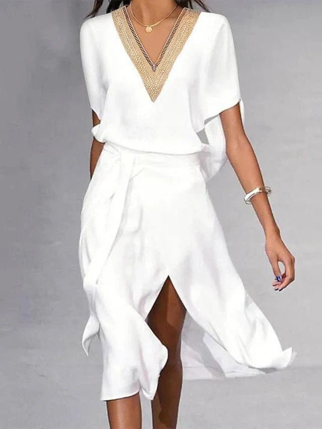 Ella | Women's Deep V-Neck Gold-Trim Midi Dress