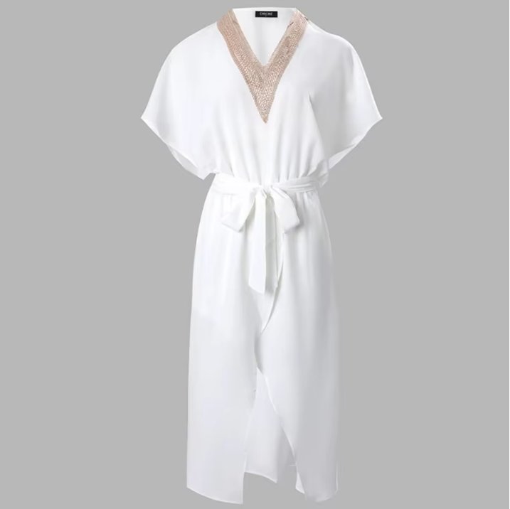 Ella | Women's Deep V-Neck Gold-Trim Midi Dress