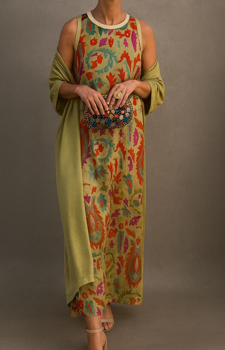 Lily | Completo da donna con abito lungo senza maniche ricamato a fiori