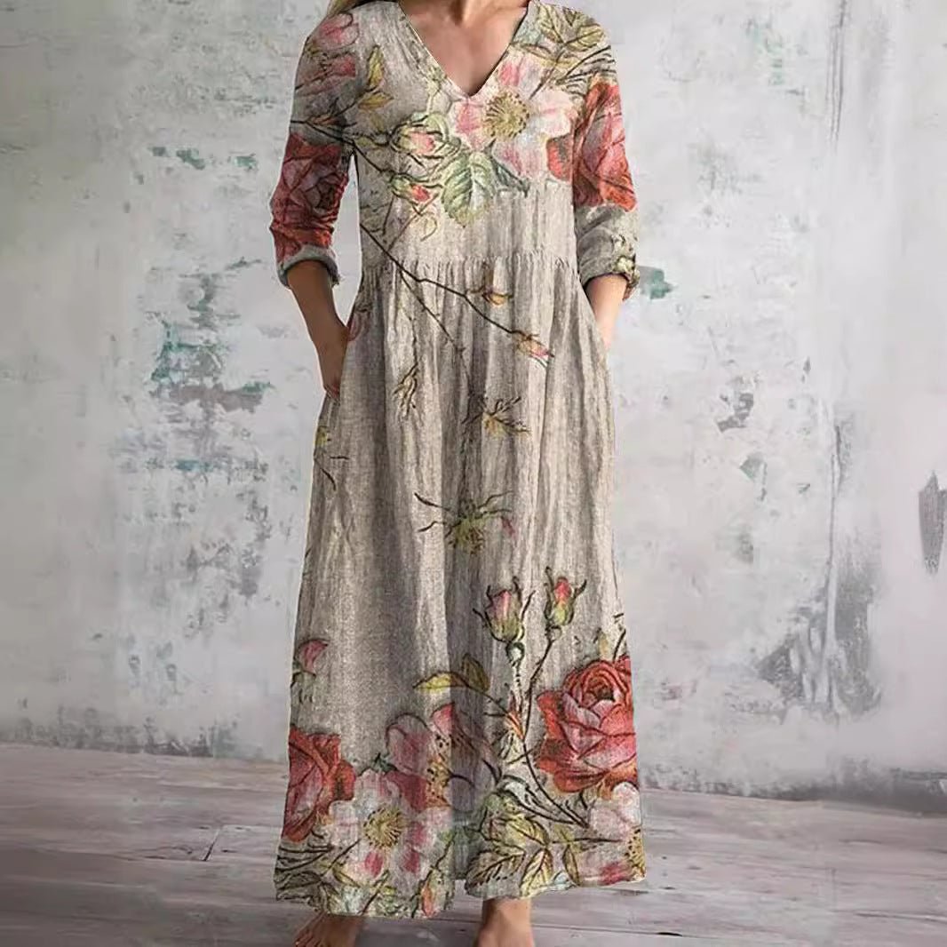 Sophie | Vestido Maxi Floral com Decote em V e Mangas Três Quartos para Mulher