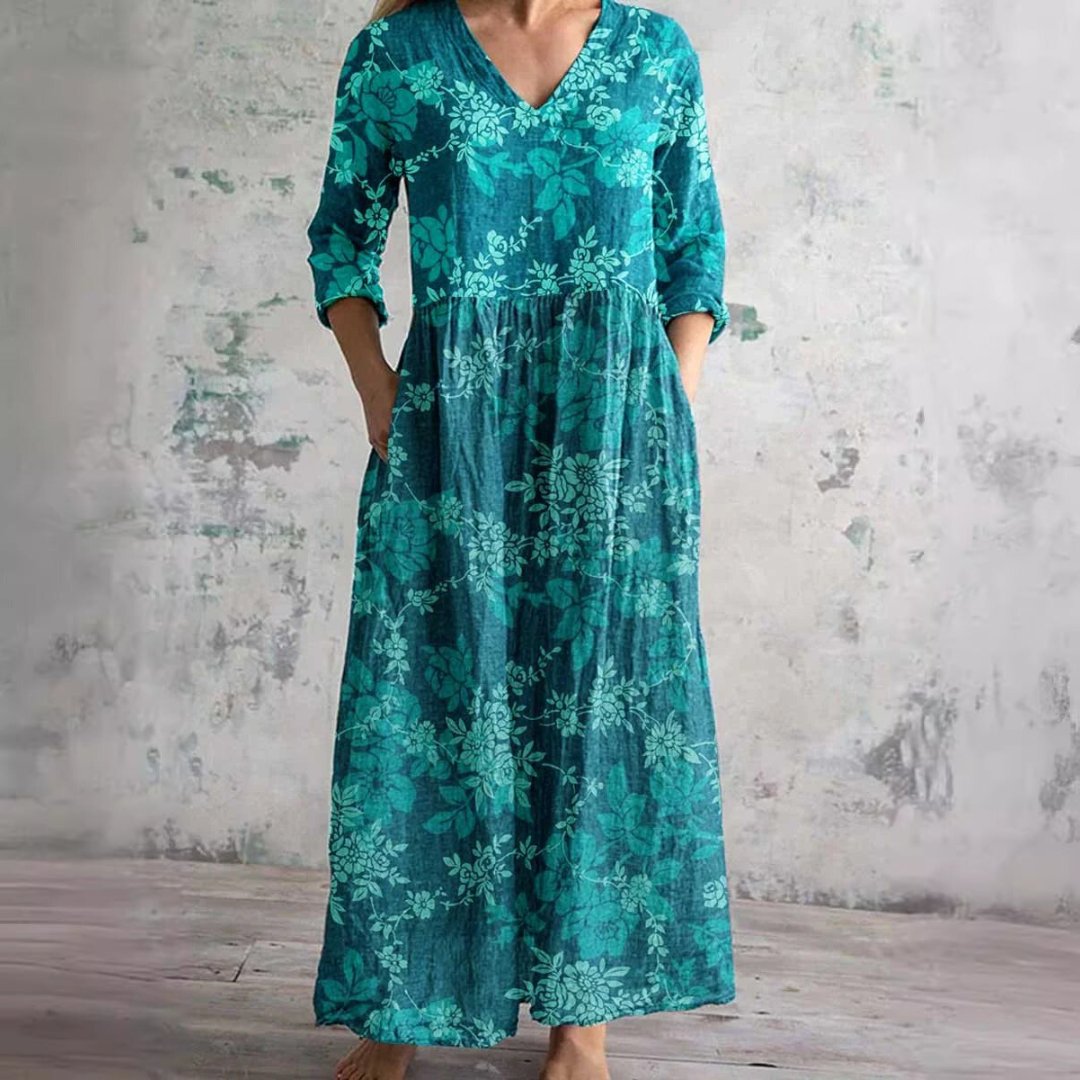 Sophie | Vestido Maxi Floral com Decote em V e Mangas Três Quartos para Mulher