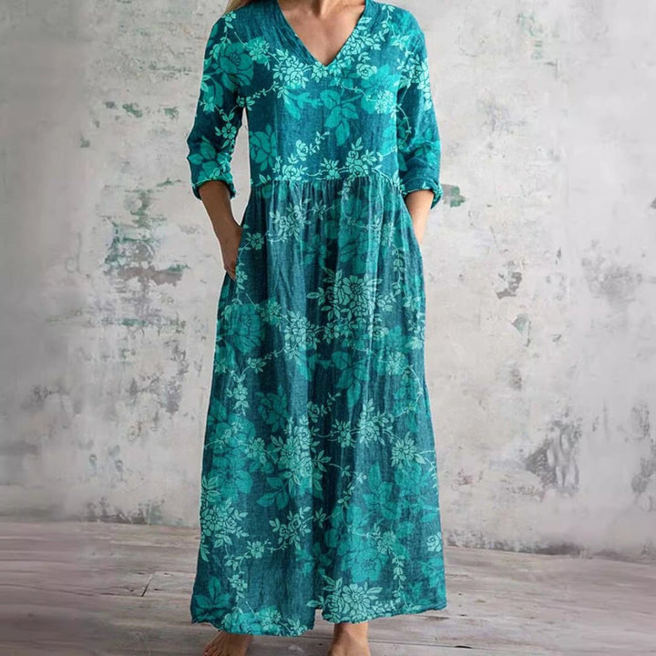 Sophie | Vestido Maxi Floral com Decote em V e Mangas Três Quartos para Mulher