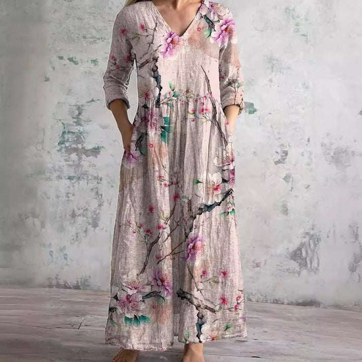Sophie | Vestido Maxi Floral com Decote em V e Mangas Três Quartos para Mulher