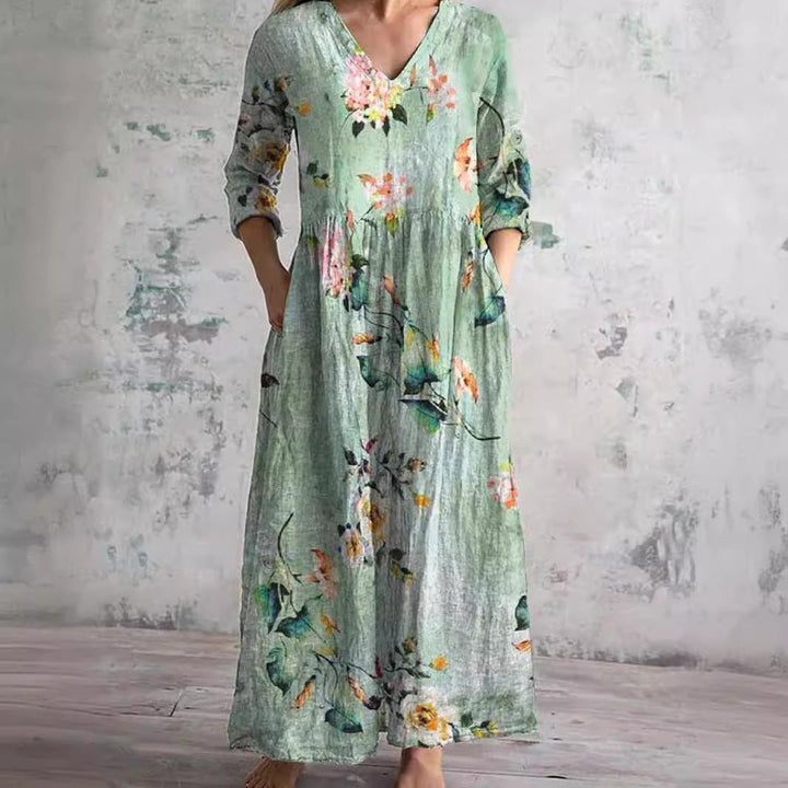 Sophie | Vestido Maxi Floral com Decote em V e Mangas Três Quartos para Mulher