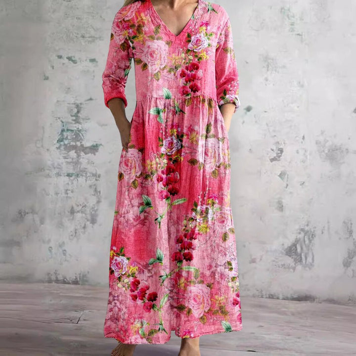 Sophie | Vestido Maxi Floral com Decote em V e Mangas Três Quartos para Mulher
