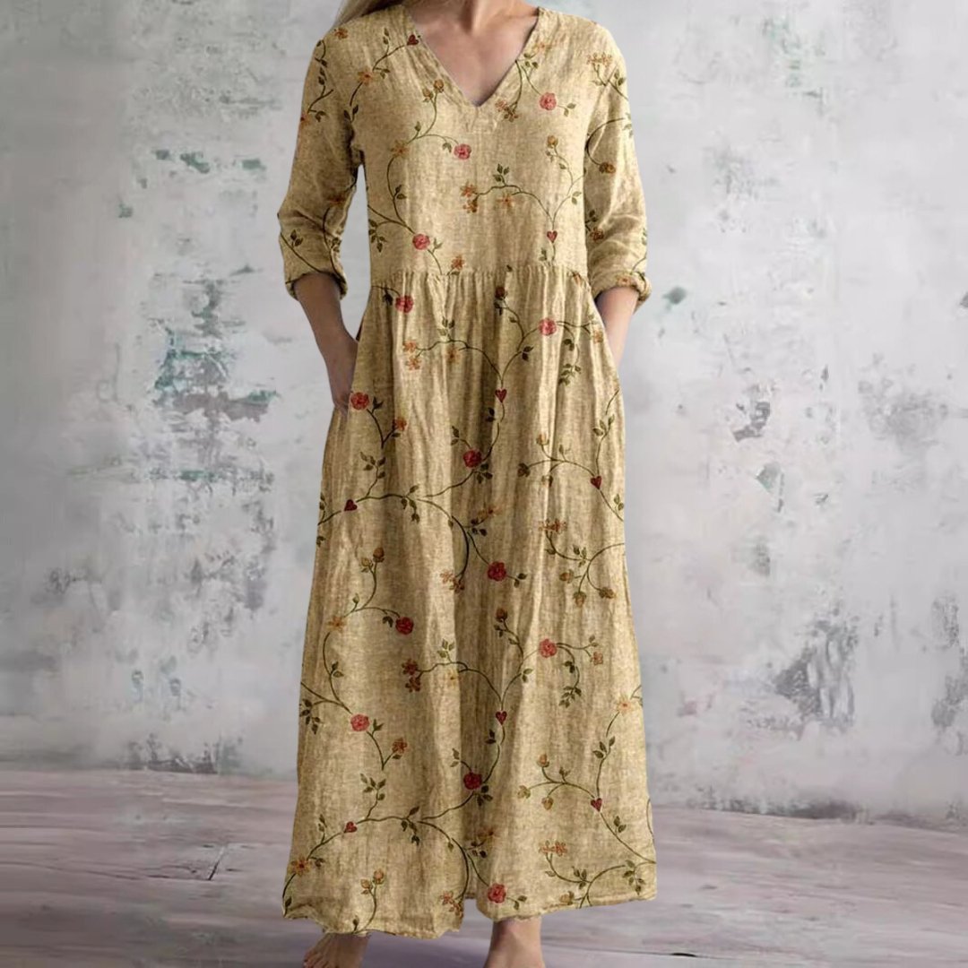 Sophie | Vestido Maxi Floral com Decote em V e Mangas Três Quartos para Mulher