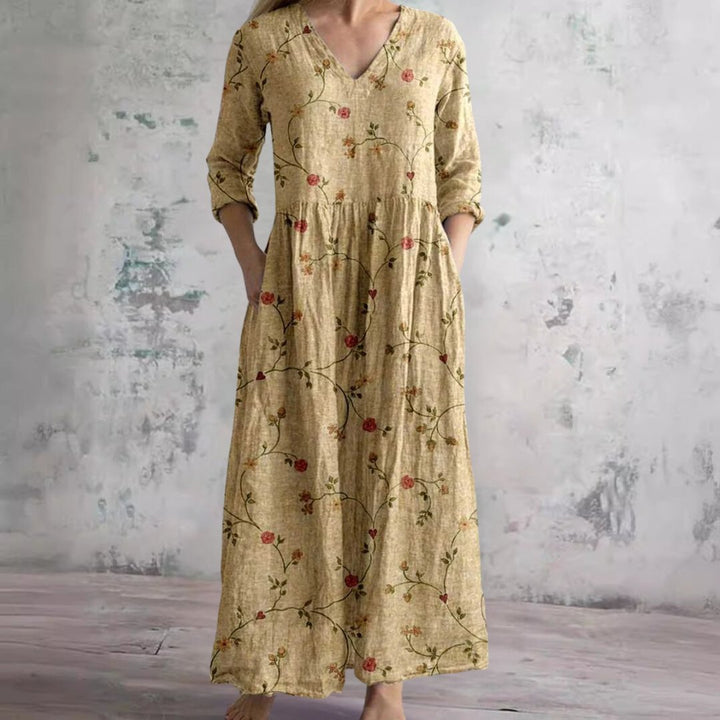 Sophie | Vestido Maxi Floral com Decote em V e Mangas Três Quartos para Mulher