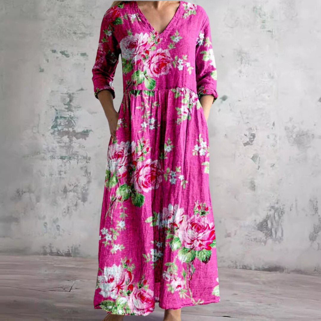 Sophie | Vestido Maxi Floral com Decote em V e Mangas Três Quartos para Mulher